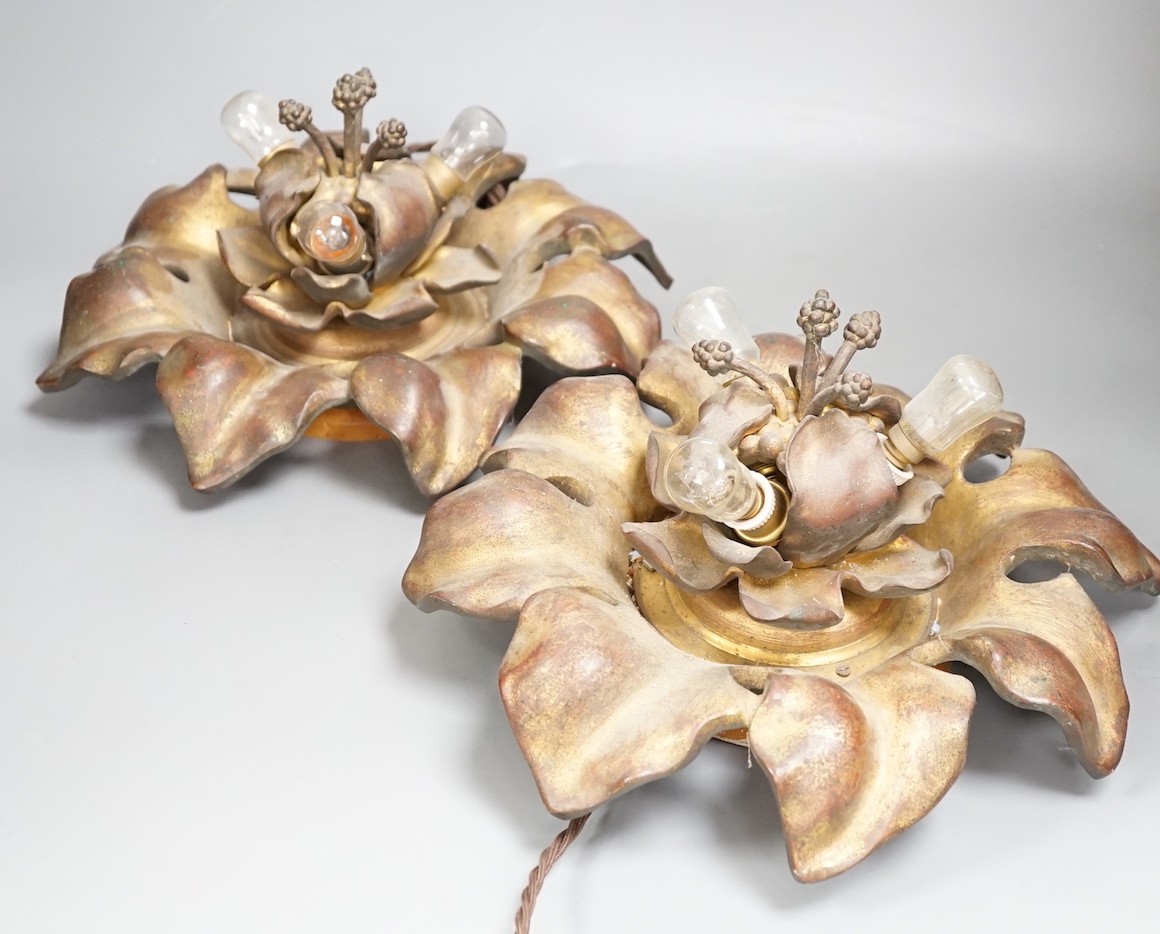 A pair of early 20th century gilt bronze flower head lights, 32cm, Will sit flat on a table possibly once ceiling mounted